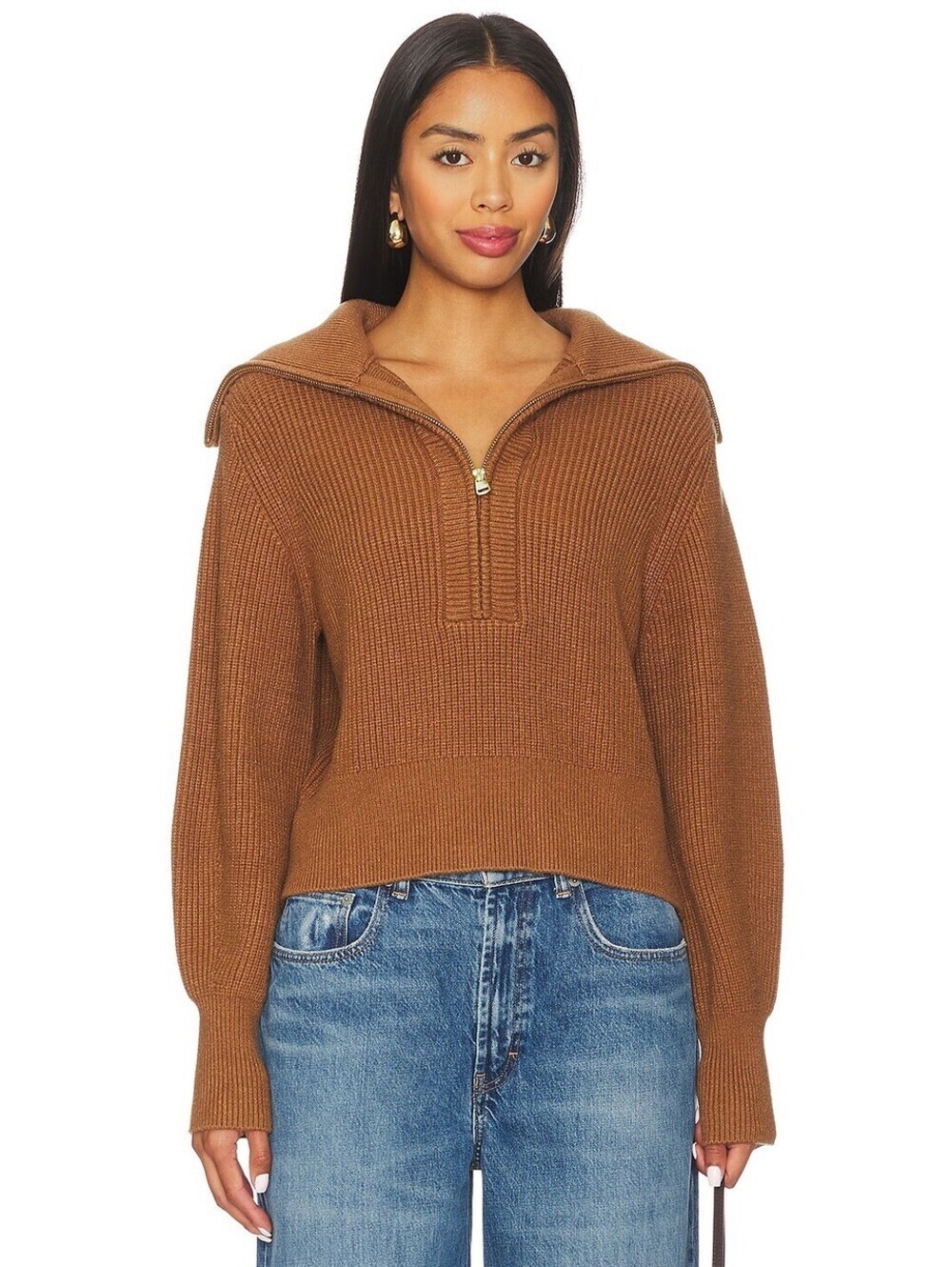 NWT Varley Maura Half Zip Rib Knit in Caramel Pecan Womens Size Large Pullover